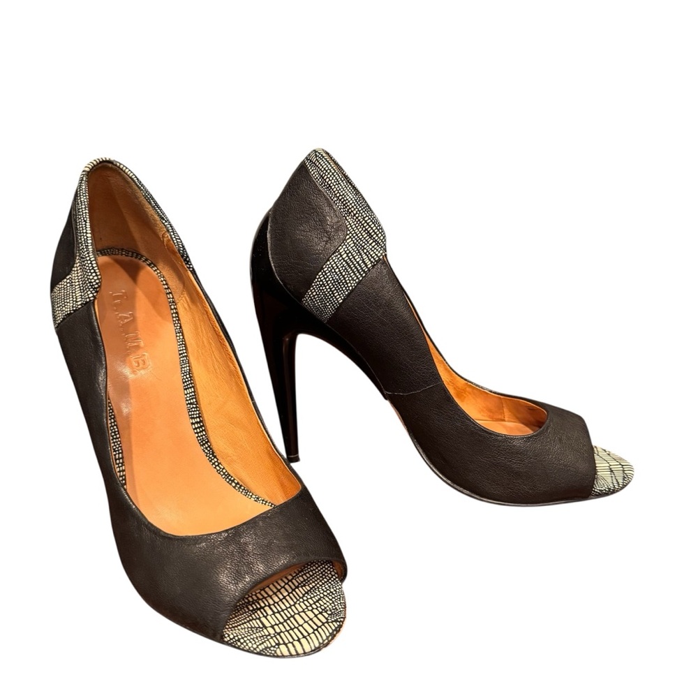 L.A.M.B. Black and Cream Peep-Toe Stiletto Heels